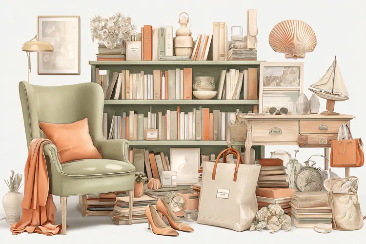 Watercolor illustration of a cozy reading nook with a vintag