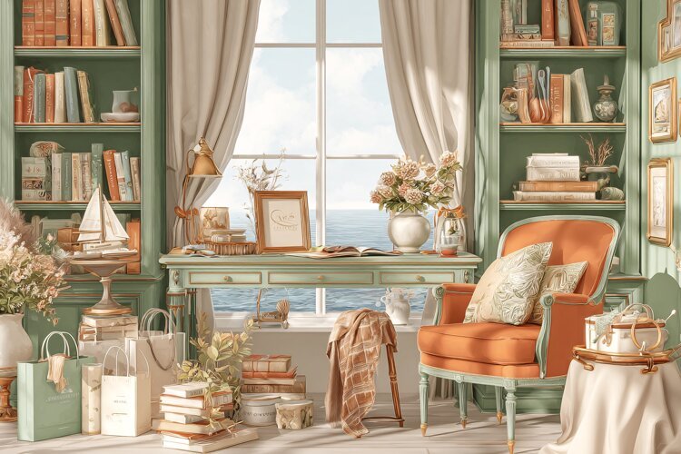 Watercolor illustration of a cozy coastal study with bookshe example image 1