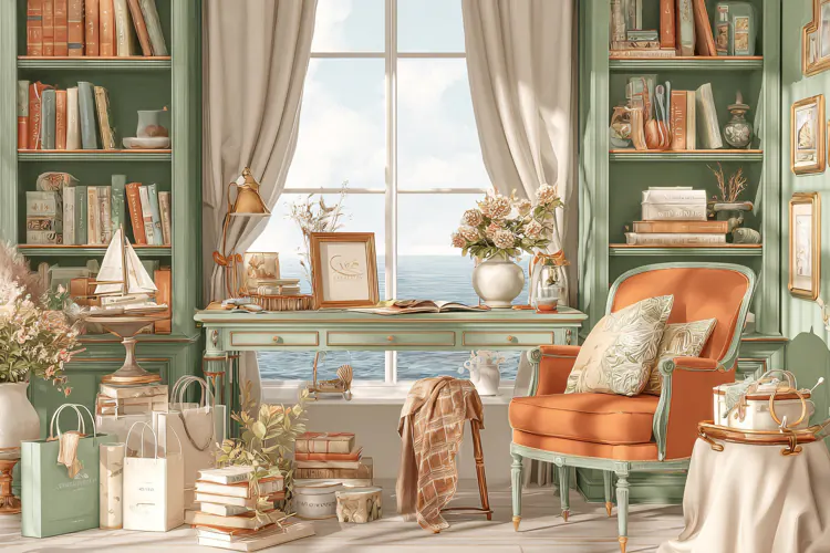 Watercolor illustration of a cozy coastal study with bookshe