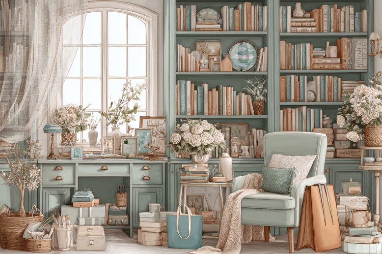 Cozy vintage home office with bookshelf and armchair example image 1