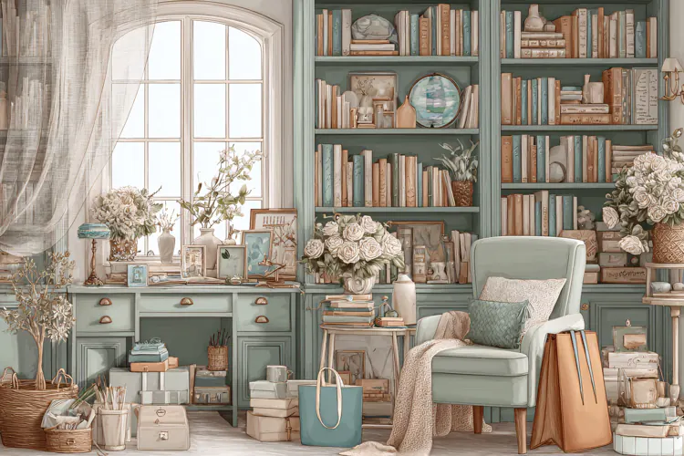 Cozy vintage home office with bookshelf and armchair