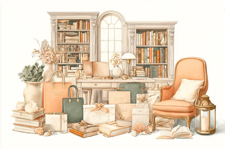 Watercolor illustration of a vintage library interior with a