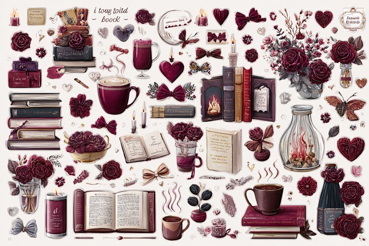 Watercolor collection of burgundy flowers books and coffee c example image 1