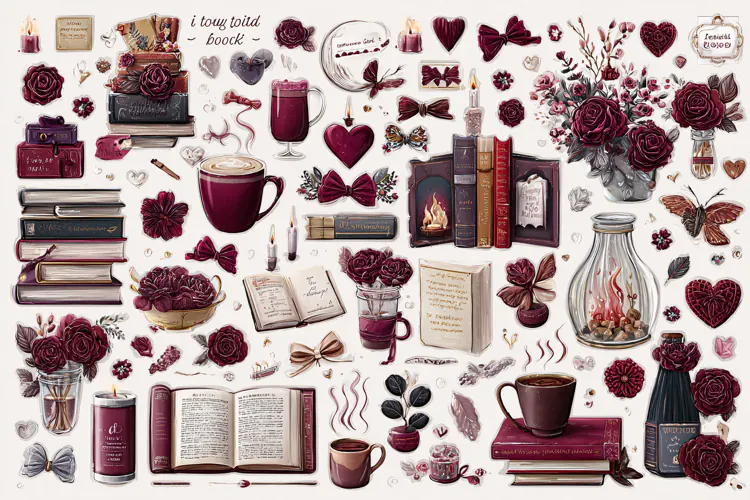 Watercolor collection of burgundy flowers books and coffee c