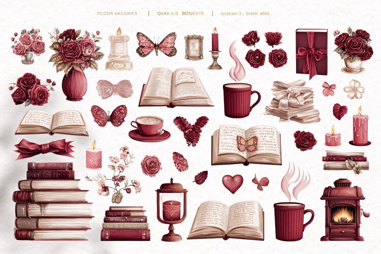 Watercolor collection of burgundy books flowers and candles example image 1