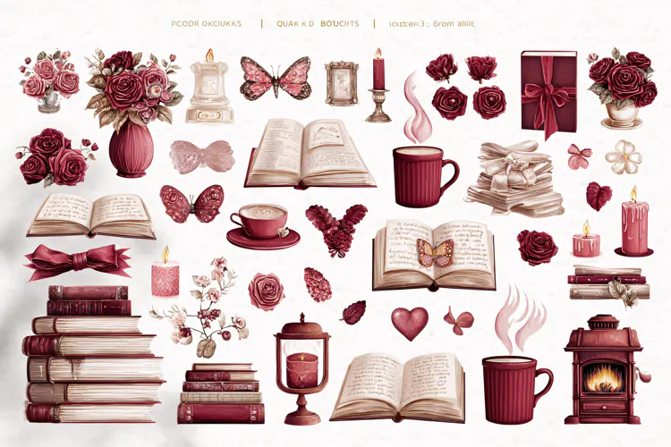 Watercolor collection of burgundy books flowers and candles
