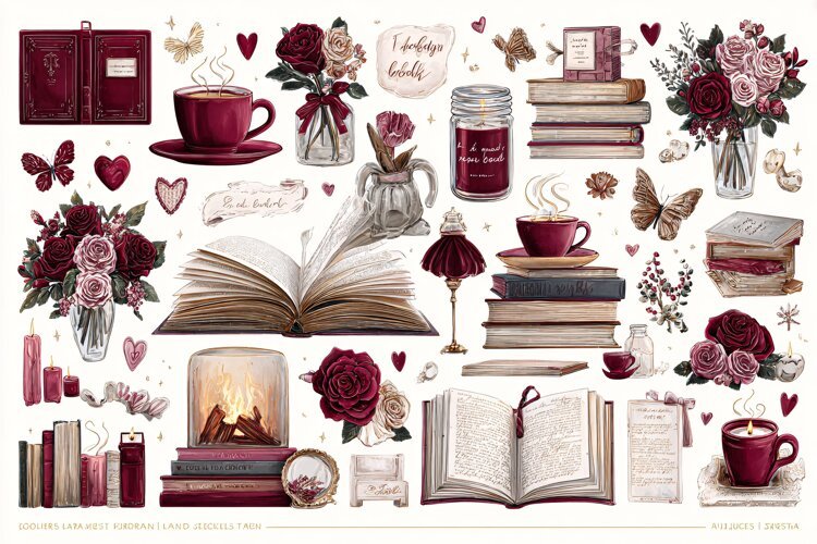 Watercolor collection of burgundy flowers books and coffee c example image 1