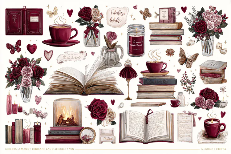 Watercolor collection of burgundy flowers books and coffee c