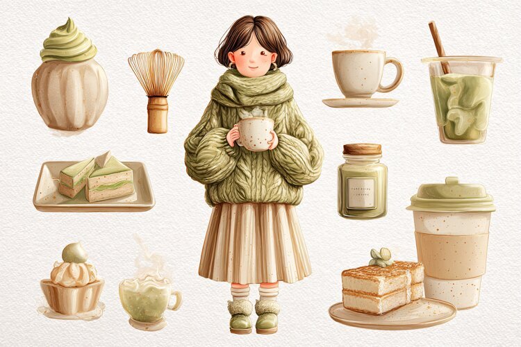 Watercolor illustration of a girl holding a matcha latte sur example image 1
