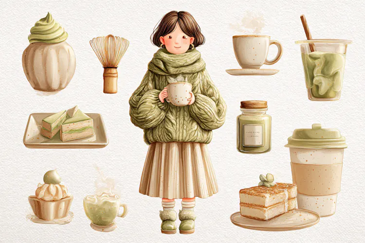 Watercolor illustration of a girl holding a matcha latte sur