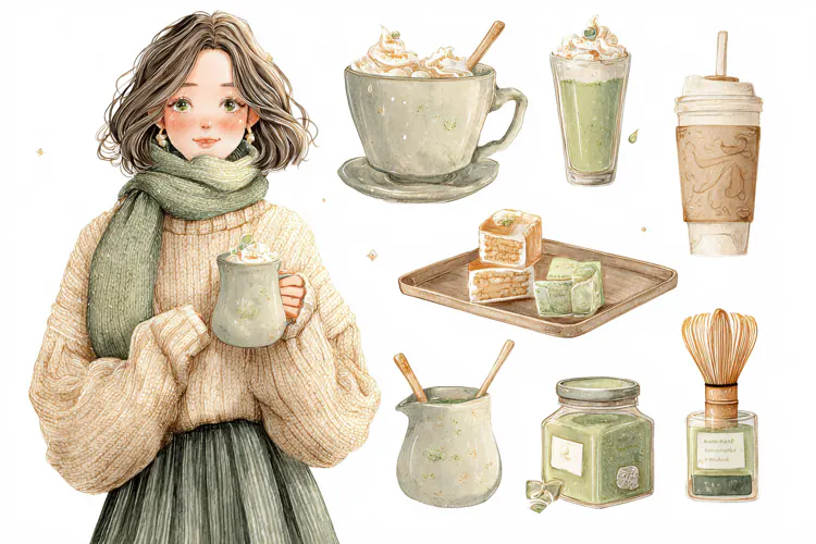 Watercolor illustration of a young woman holding a warm mug