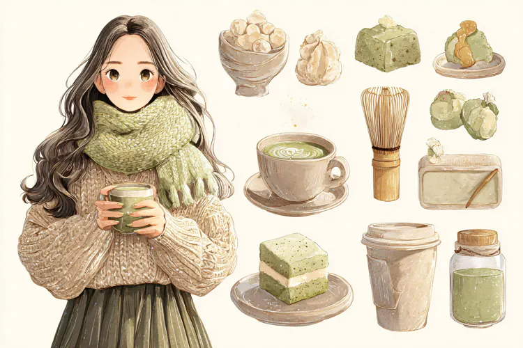 Young woman holding a matcha tea cup with green tea desserts