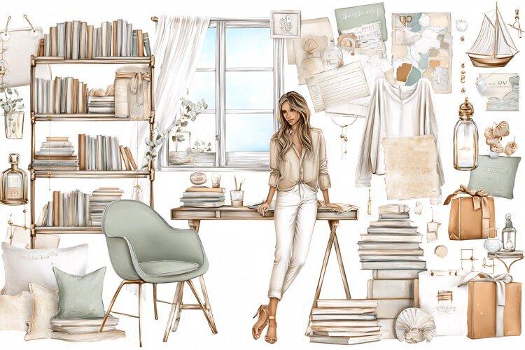 Watercolor illustration of a woman standing in a cozy home example image 1