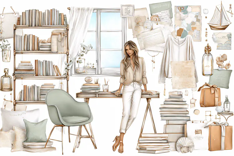 Watercolor illustration of a woman standing in a cozy home