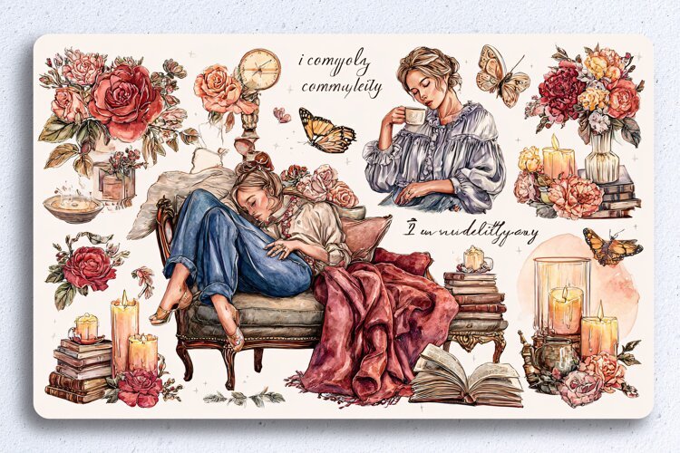 Watercolor illustration of a woman relaxing on a sofa with f example image 1