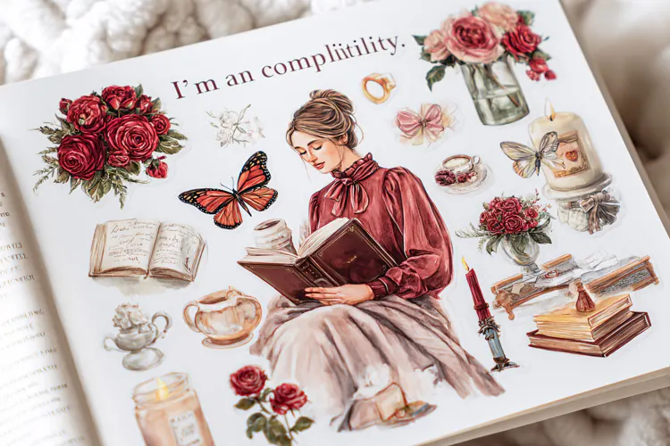 Watercolor illustration of a woman reading a book surrounded