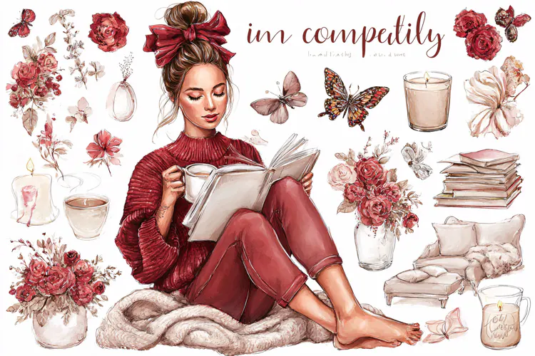 Watercolor illustration of a woman reading in a cozy armchai