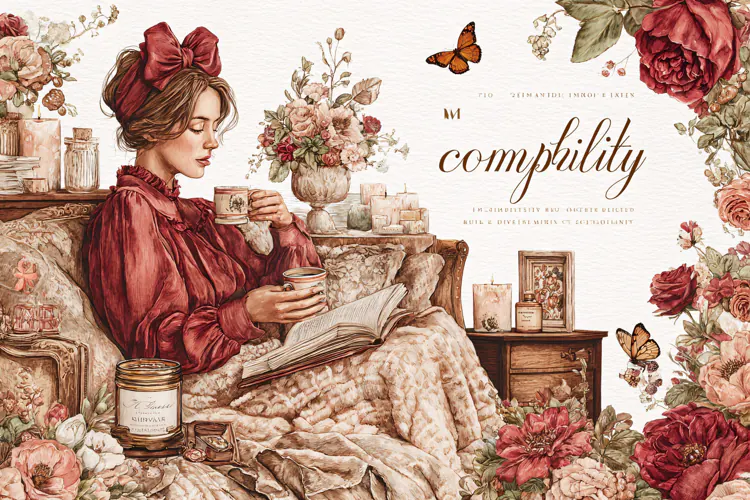Young woman in vintage dress reading a book surrounded by fl