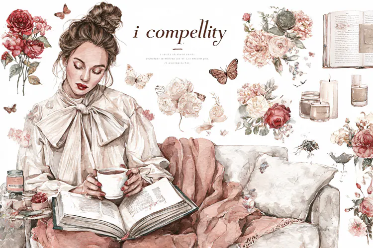 Watercolor illustration of a woman reading a book with flowe