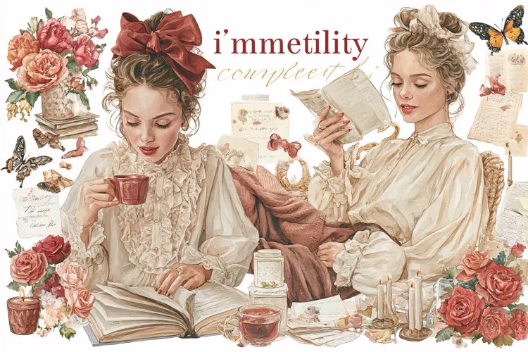 Two young women in vintage clothing reading books and drinki