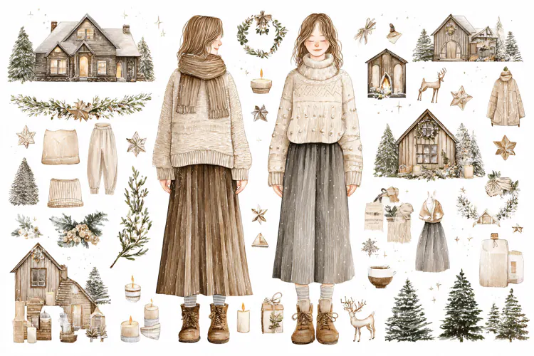 Watercolor winter collection with girl in sweater and cozy c
