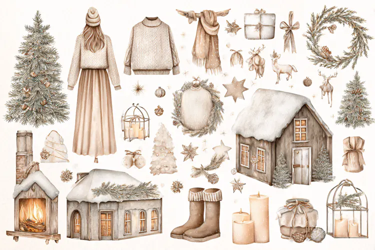 Watercolor Christmas collection with winter house and woman