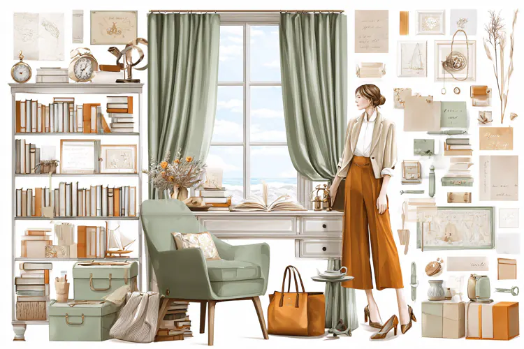 Fashionable woman standing in a cozy home office with booksh