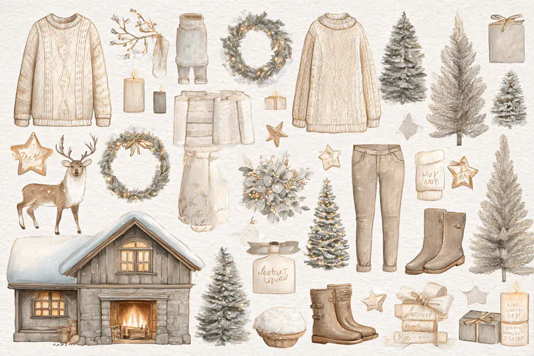Watercolor Christmas collection with winter clothing and cab
