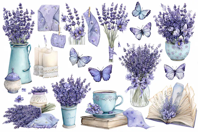 Watercolor lavender flowers and butterflies collection