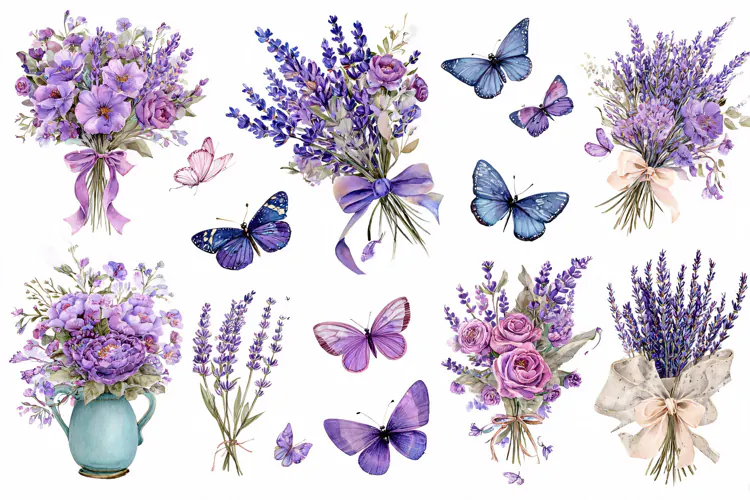 Watercolor lavender flowers and butterflies collection