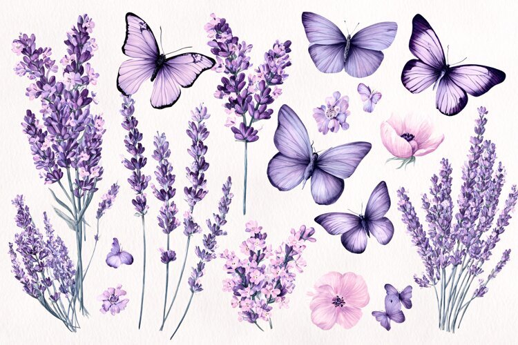 Watercolor lavender flowers and butterflies collection example image 1