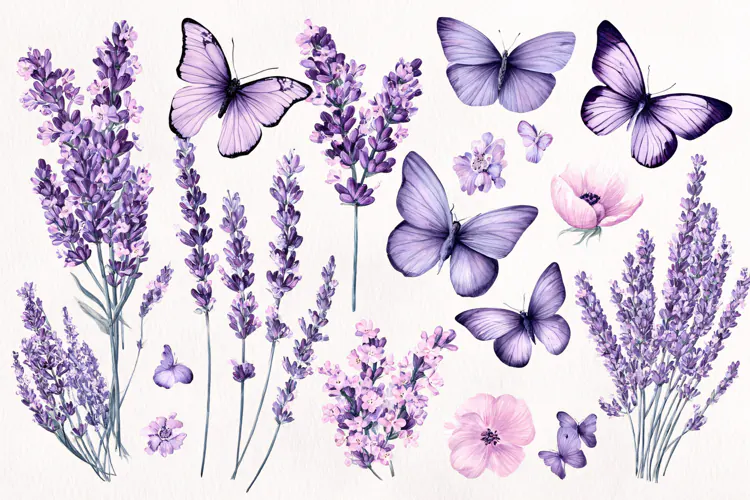 Watercolor lavender flowers and butterflies collection