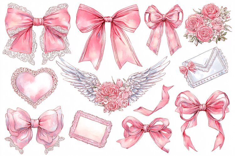 Watercolor collection of pink bows, roses, and love letters example image 1