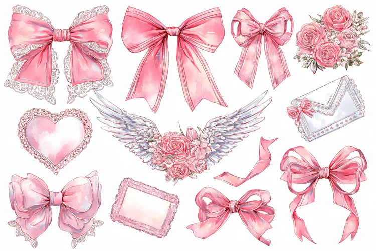 Watercolor collection of pink bows, roses, and love letters