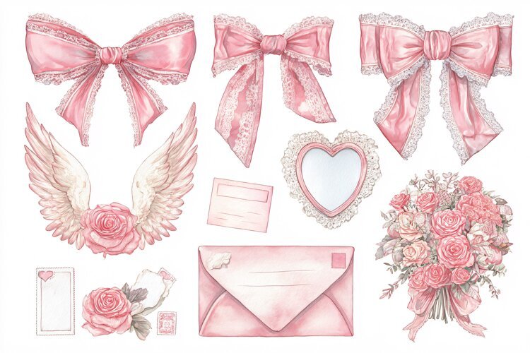 Watercolor collection of pink bows, roses, and love letters example image 1