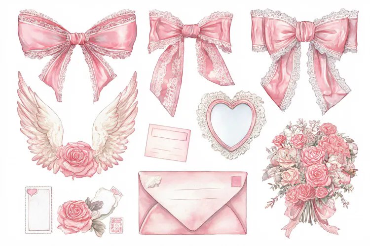 Watercolor collection of pink bows, roses, and love letters