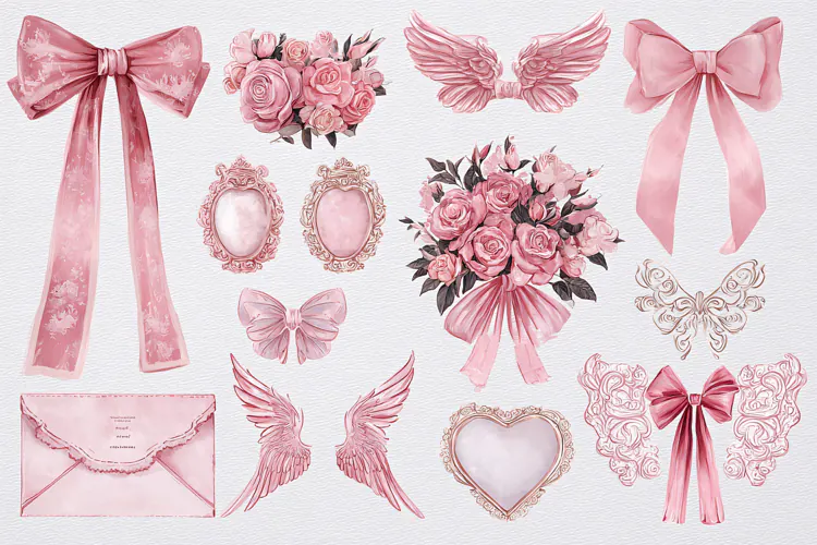 Watercolor collection of pink bows, roses, and love letters