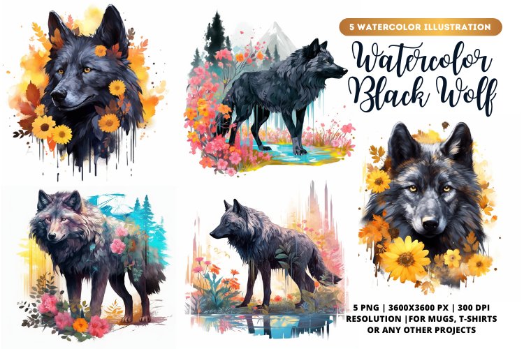 Magical Black Wolf Watercolor Bundle | Wolf bundle |Wolf png example image 1