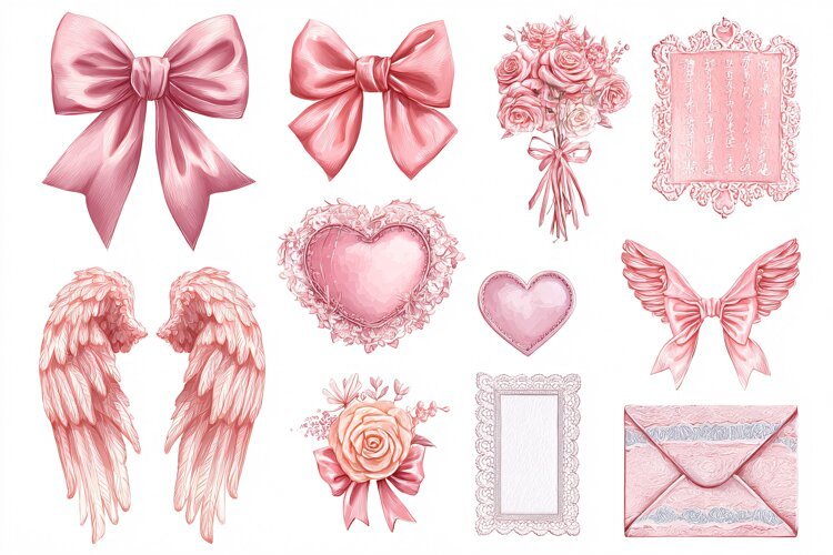 Watercolor collection of pink bows, roses, and love letters example image 1