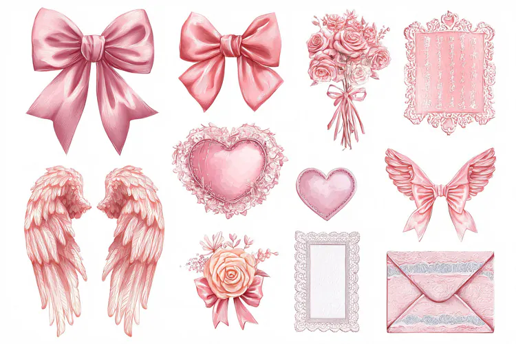 Watercolor collection of pink bows, roses, and love letters