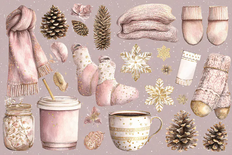 Watercolor winter collection with pink clothing and festive