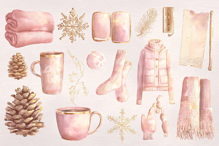 Watercolor winter collection with pink clothing and festive