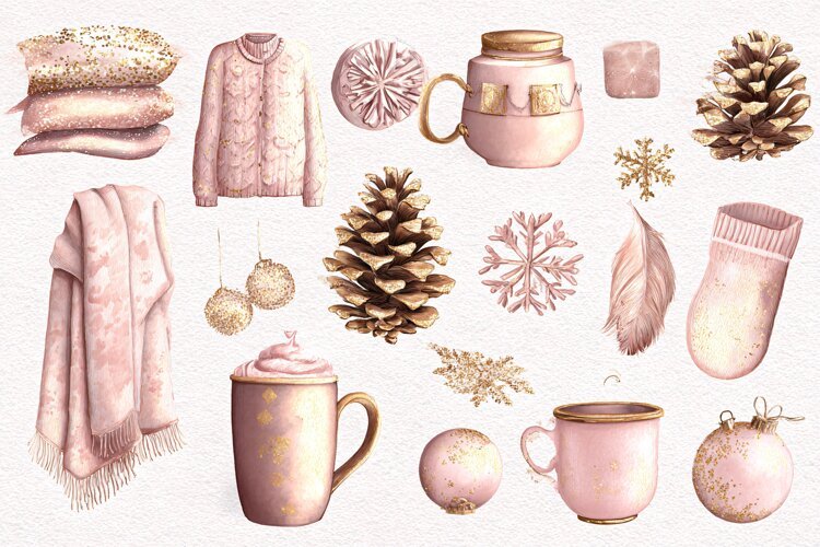 Watercolor winter collection with pink clothing and festive example image 1