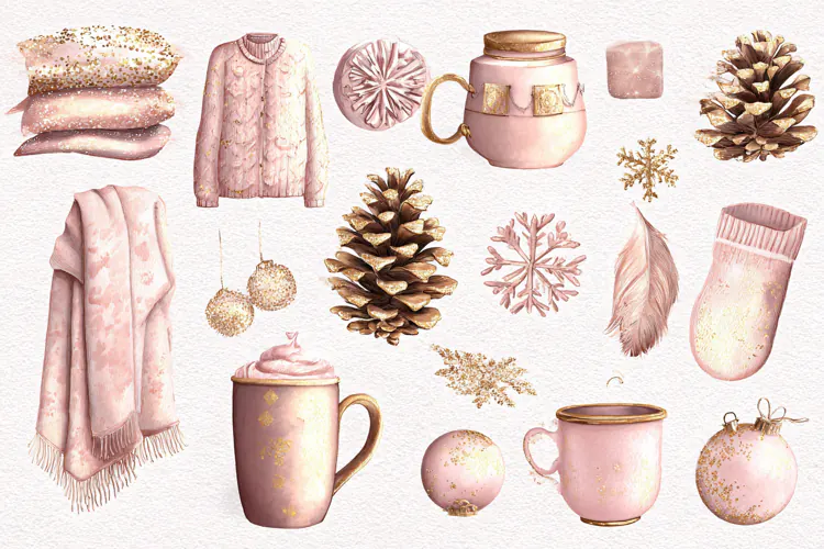 Watercolor winter collection with pink clothing and festive