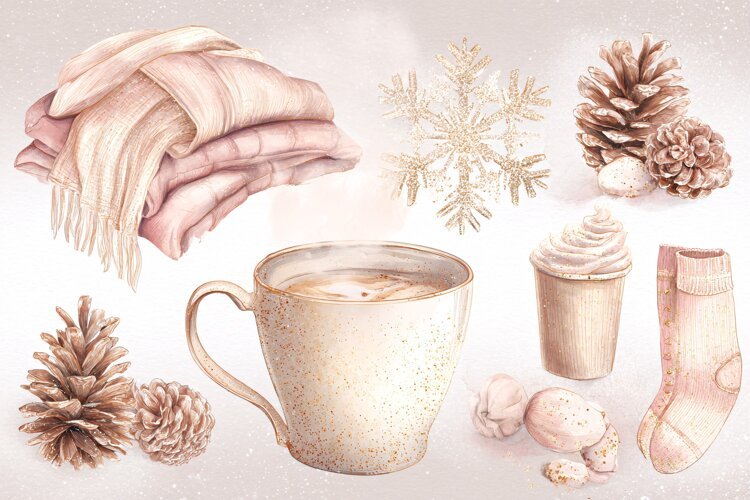 Watercolor winter collection with coffee mug scarf pinecones example image 1