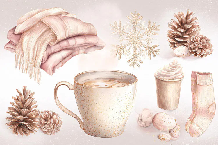 Watercolor winter collection with coffee mug scarf pinecones