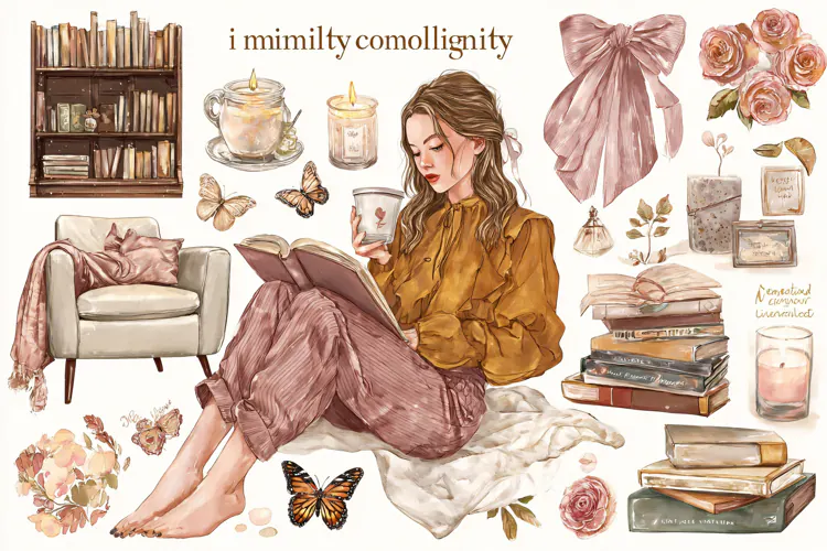 Watercolor illustration of a young woman reading a book
