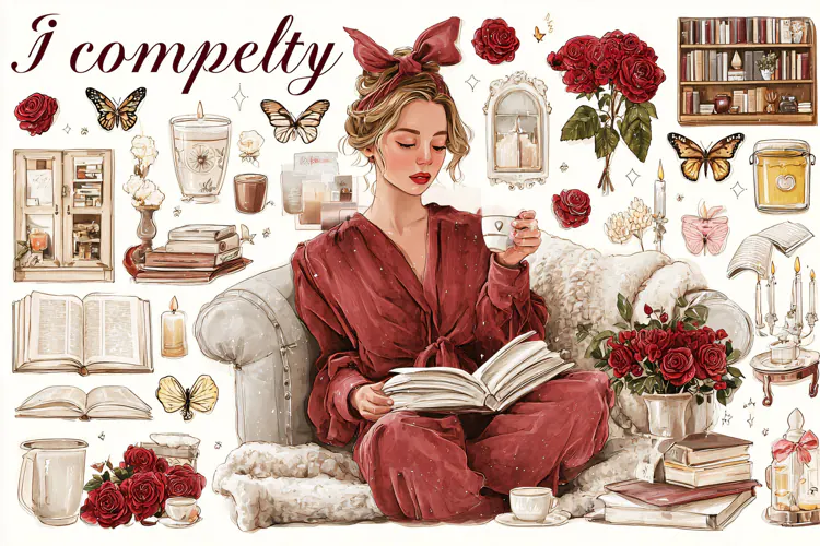 Watercolor illustration of a young woman reading a book