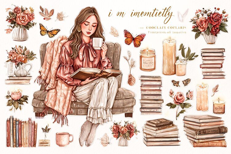 Watercolor illustration of a young woman reading a book example image 1