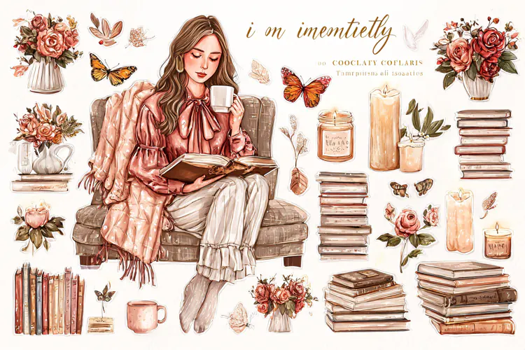 Watercolor illustration of a young woman reading a book